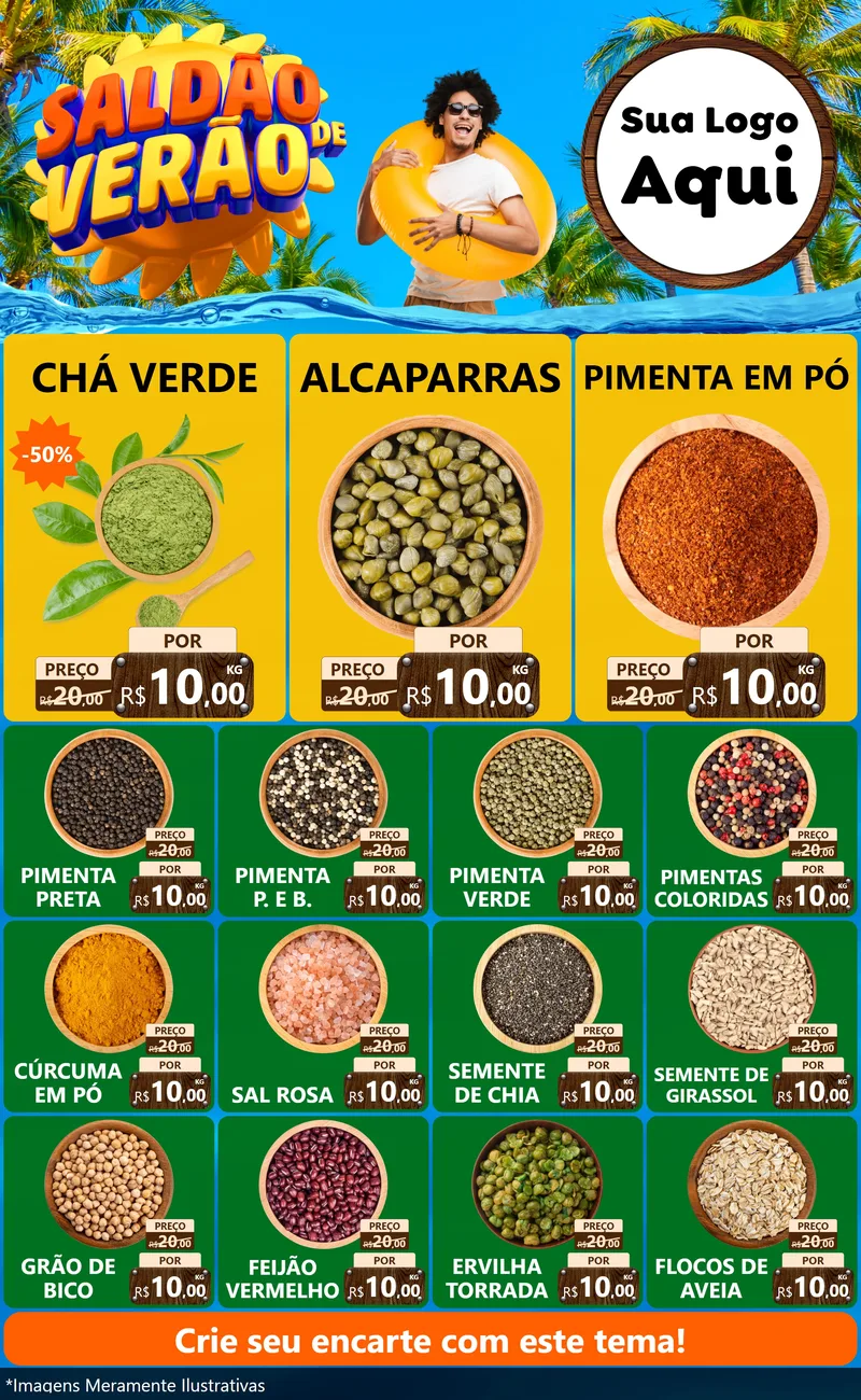 Modelo de Encarte para Encarte Grande com o tema Saldão de Verão para Produtos Naturais