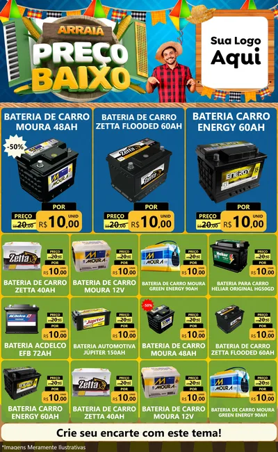 Modelo de Encarte para Encarte Grande com o tema Arraiá de Preço Baixo - Junina para Baterias Elétricas