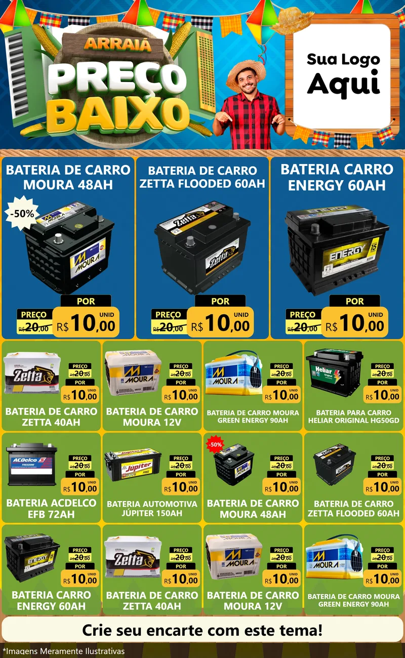 Modelo de Encarte para Encarte Grande com o tema Arraiá de Preço Baixo - Junina para Baterias Elétricas