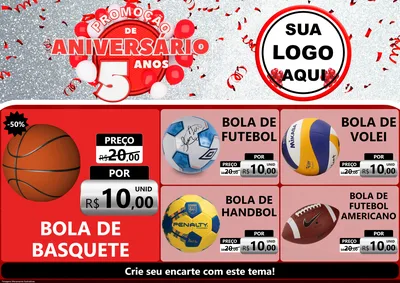 Modelo de Encarte para Encarte A4 Horizontal com o tema Promoção de Aniversário - 5 Anos para Artigos Esportivos