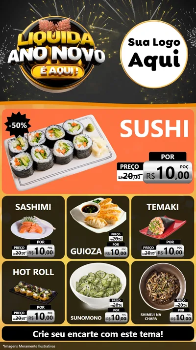 Modelo de Rede Social para Stories com o tema Liquida Ano Novo É Aqui! para Comida japonesa