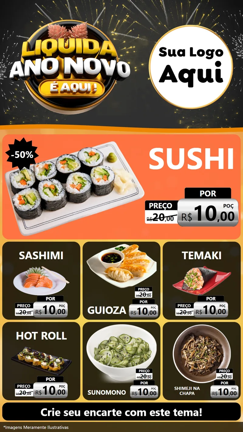 Modelo de Rede Social para Stories com o tema Liquida Ano Novo É Aqui! para Comida japonesa