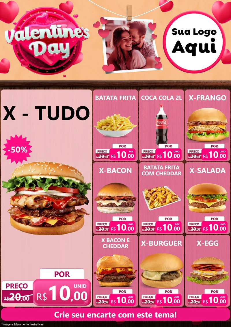 Modelo de Encarte para Encarte A4 Vertical com o tema Valentine's Day para Hamburgueria
