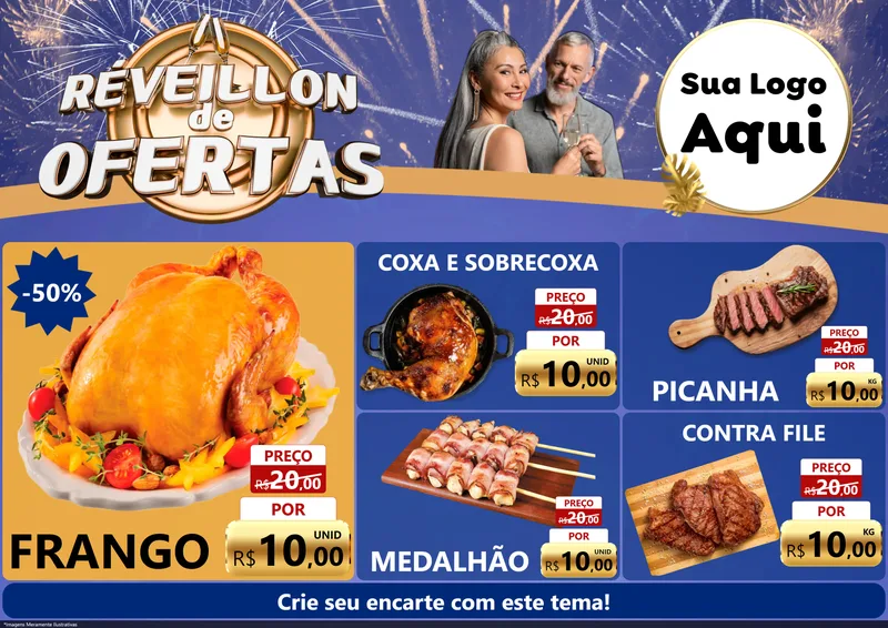 Modelo de Encarte para Encarte A4 Horizontal com o tema Réveillon de Ofertas para Assados