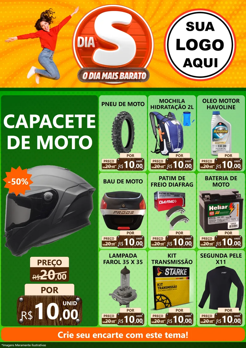Modelo de Encarte para Encarte A4 Vertical com o tema Dia S - O Dia Mais Barato para Moto peças