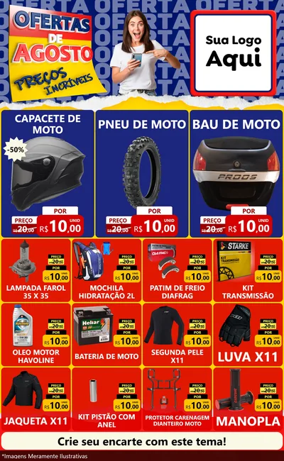 Modelo de Encarte para Encarte Grande com o tema Ofertas de Agosto - Preços Incríveis para Moto peças