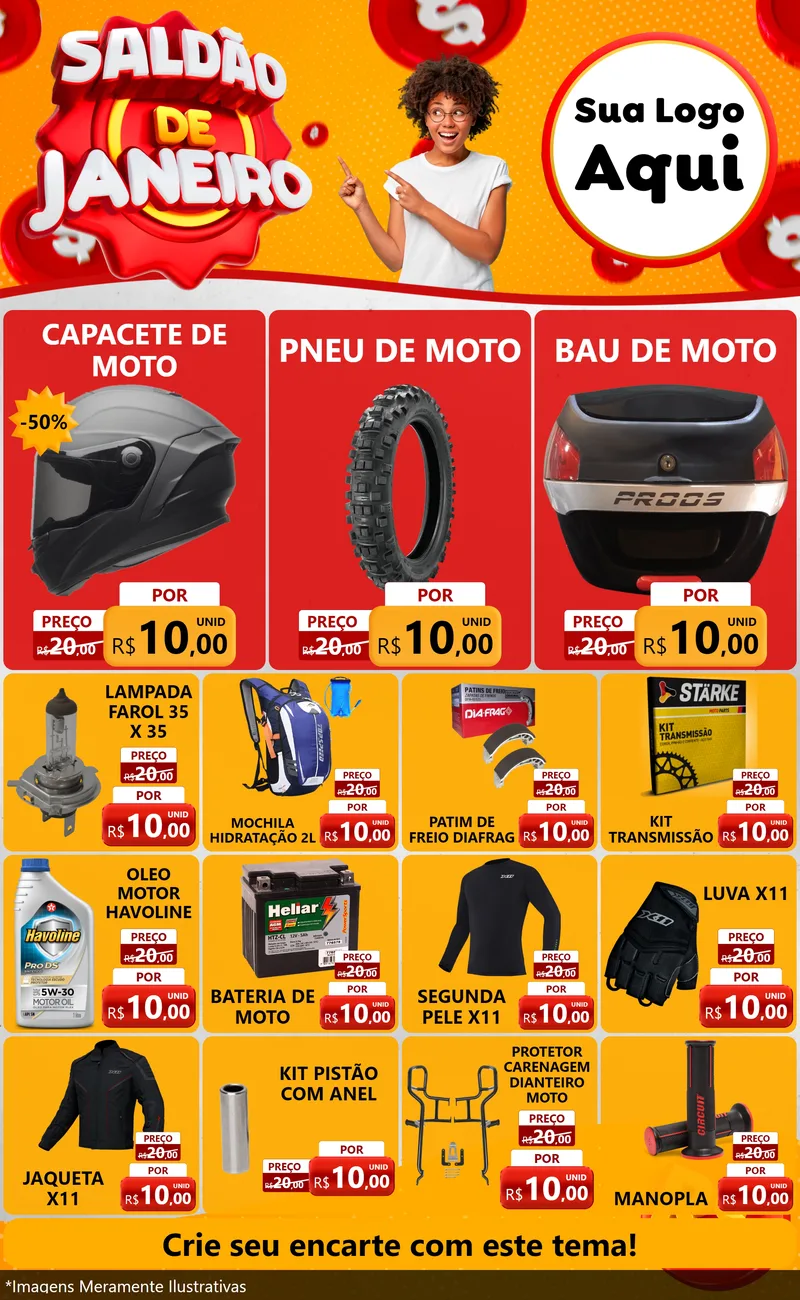 Modelo de Encarte para Encarte Grande com o tema Saldão de Janeiro para Moto peças
