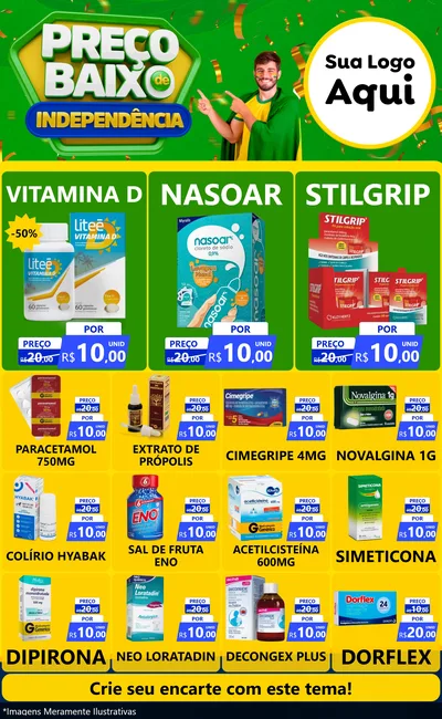 Modelo de Encarte para Encarte Grande com o tema Preço Baixo de Independência para Farmácia