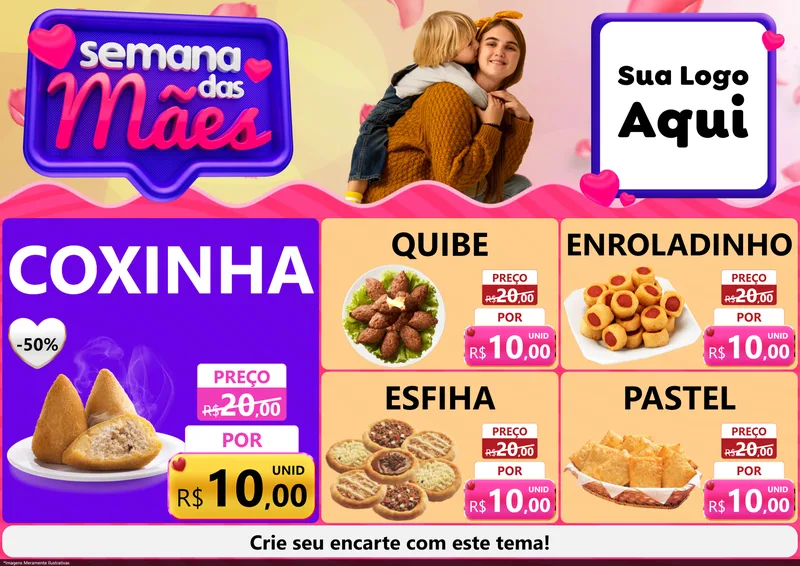 Modelo de Encarte para Encarte A4 Horizontal com o tema Semana das Mães para Salgadaria