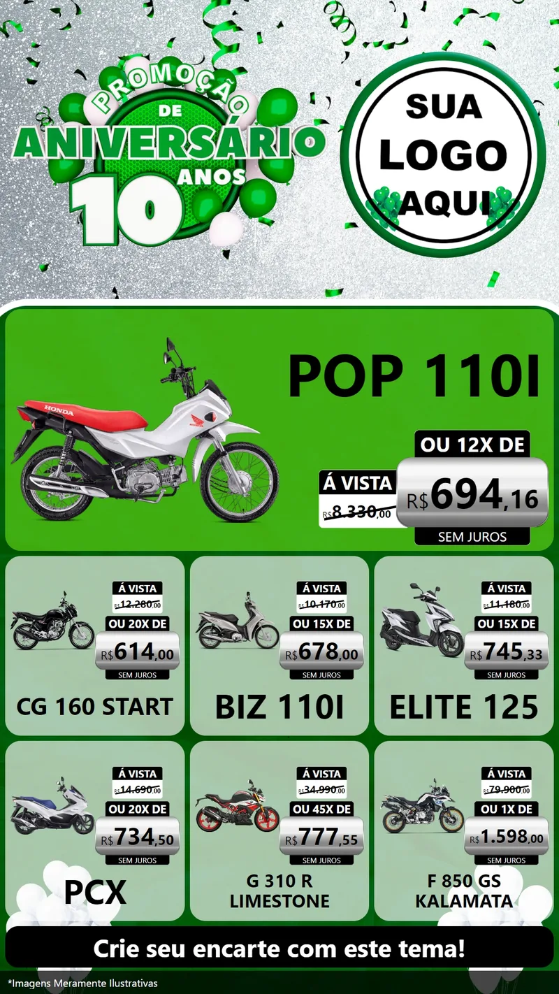 Modelo de Rede Social para Stories com o tema Promoção de Aniversário - 10 Anos para Concessionaria de Motos