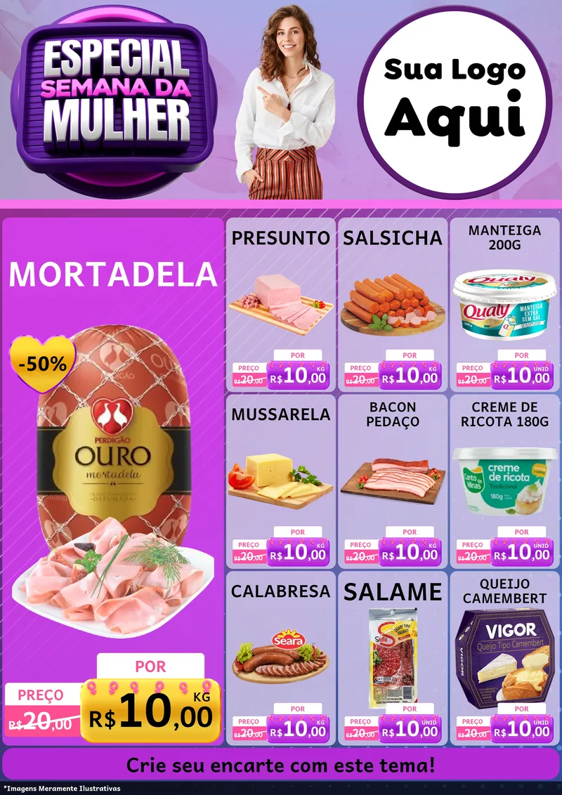 Modelo de Encarte para Encarte A4 Vertical com o tema Especial Semana da Mulher para Frios e Laticínios
