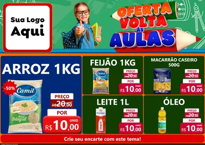 Modelo de Encarte para Encarte A4 Horizontal com o tema Oferta Volta Às Aulas para Supermercado