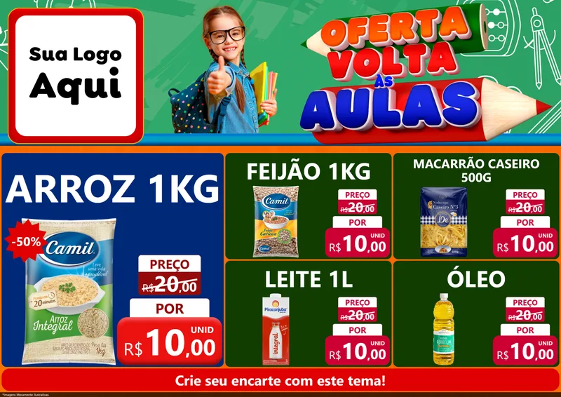 Modelo de Encarte para Encarte A4 Horizontal com o tema Oferta Volta Às Aulas para Supermercado
