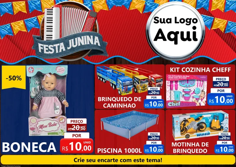 Modelo de Encarte para Encarte A4 Horizontal com o tema Festa Junina para Brinquedos