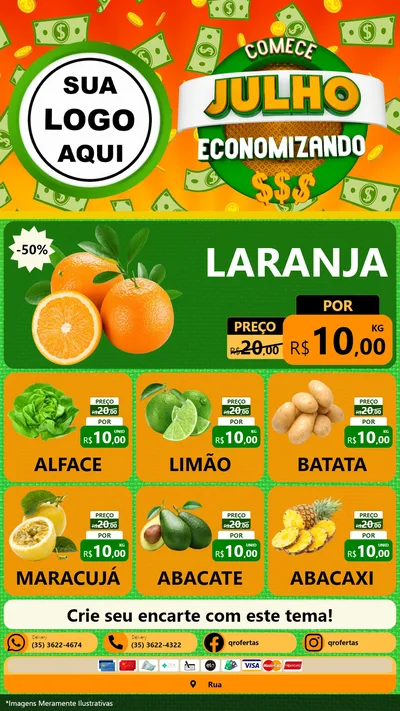 Modelo de Rede Social para Stories com o tema Comece Julho Economizando para Hortifrúti