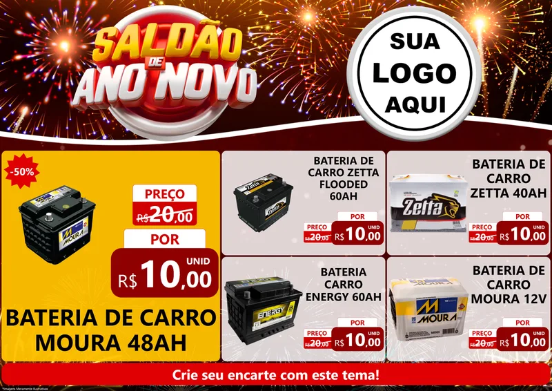 Modelo de Encarte para Encarte A4 Horizontal com o tema Saldão de Ano Novo para Baterias Elétricas