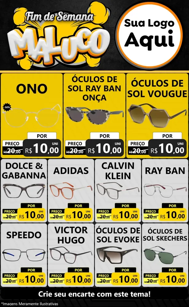 Modelo de Encarte para Encarte Grande com o tema Fim de Semana Maluco para Óticas