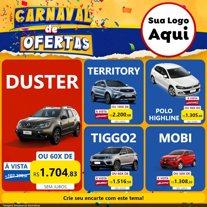 Modelo de Rede Social para Feed Facebook com o tema Carnaval de Ofertas para Concessionaria de Carros