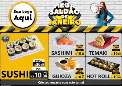 Modelo de Encarte para Encarte A4 Horizontal com o tema Mega Saldão de Janeiro para Comida japonesa