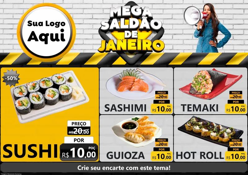 Modelo de Encarte para Encarte A4 Horizontal com o tema Mega Saldão de Janeiro para Comida japonesa