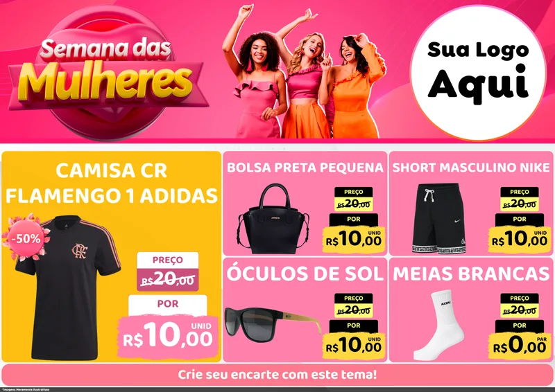 Modelo de Encarte para Encarte A4 Horizontal com o tema Semana das Mulheres para Roupas e acessórios