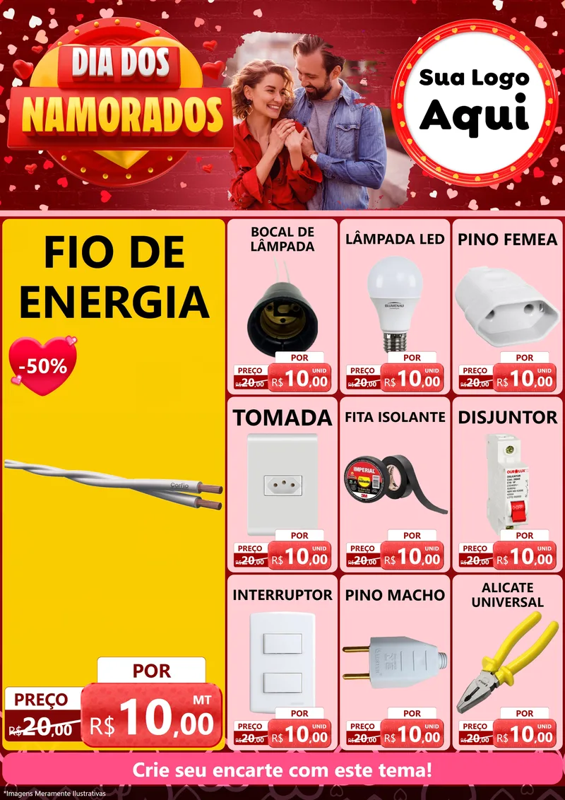 Modelo de Encarte para Encarte A4 Vertical com o tema Dia Dos Namorados para Materiais Elétricos