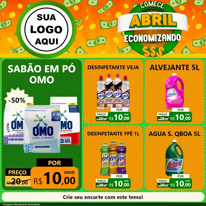 Modelo de Rede Social para Feed Facebook com o tema Comece Abril Economizando para Produtos de Limpeza