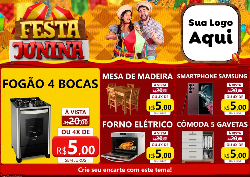 Modelo de Encarte para Encarte A4 Horizontal com o tema Festa Junina para Móveis e Eletro