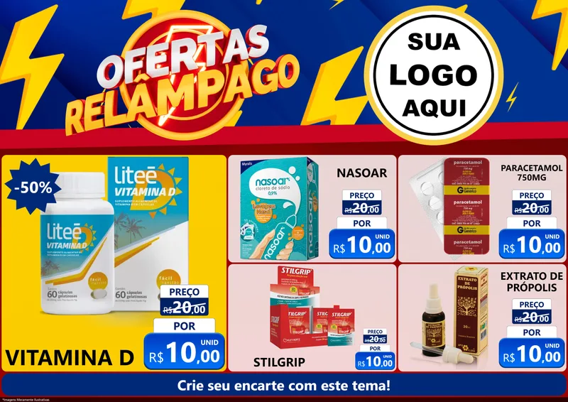 Modelo de Encarte para Encarte A4 Horizontal com o tema Ofertas Relâmpago para Farmácia