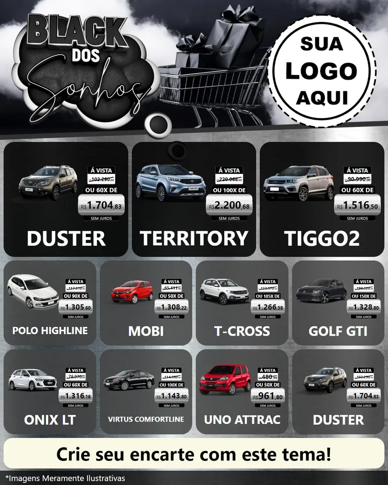 Modelo de Rede Social para Feed Instagram com o tema Black dos Sonhos para Concessionaria de Carros