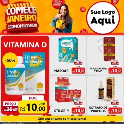 Modelo de Rede Social para Feed Facebook com o tema Comece Janeiro Economizando para Farmácia