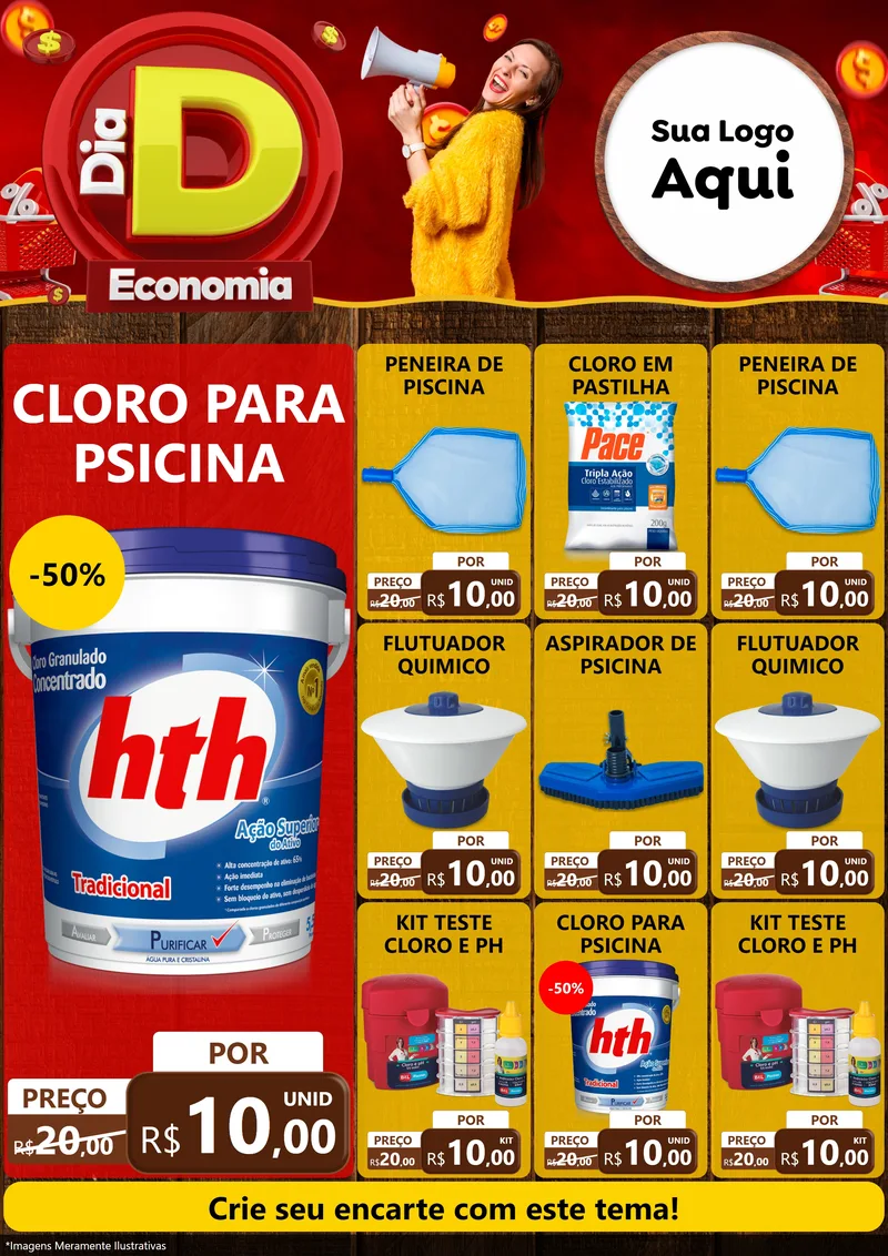 Modelo de Encarte para Encarte A4 Vertical com o tema Dia D Economia para Produtos para Piscina