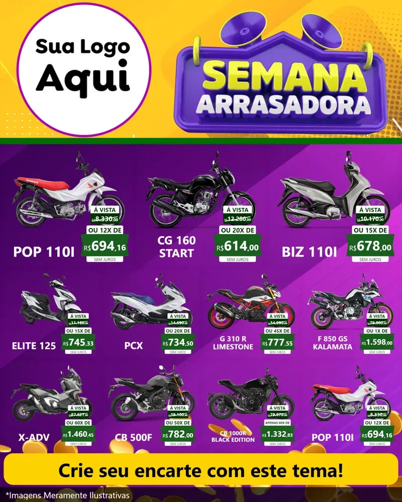 Modelo de Rede Social para Feed Instagram com o tema Semana Arrasadora para Concessionaria de Motos