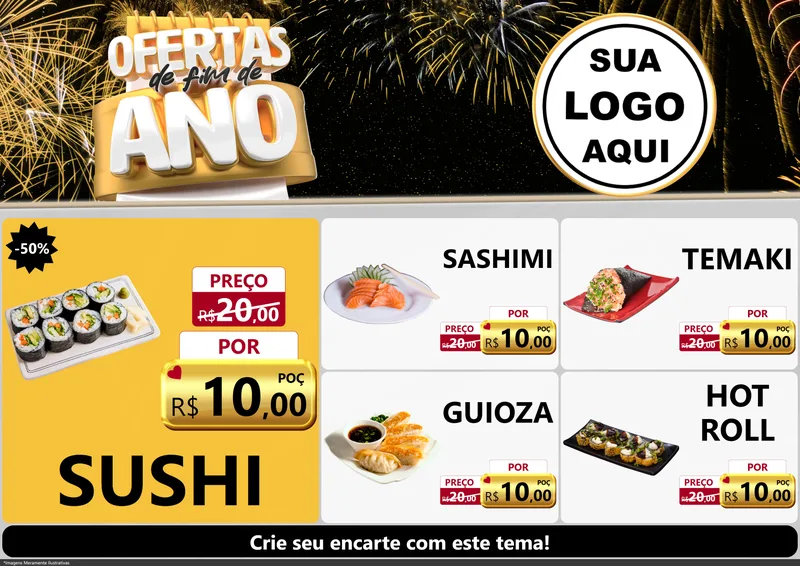 Modelo de Encarte para Encarte A4 Horizontal com o tema Ofertas de Fim de Ano para Comida japonesa