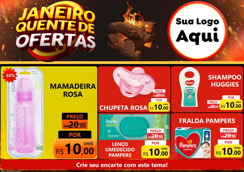 Modelo de Encarte para Encarte A4 Horizontal com o tema Janeiro Quente de Ofertas para Bebês