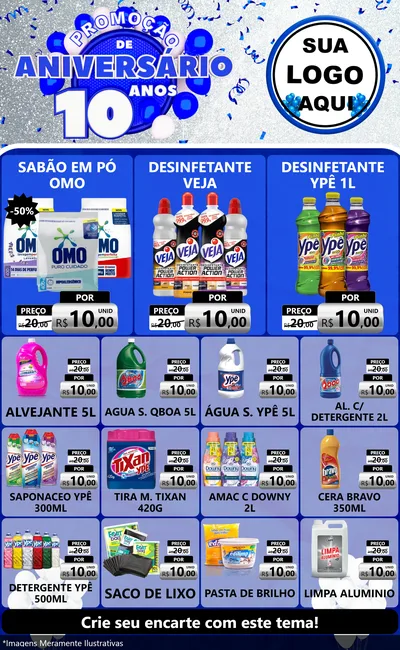 Modelo de Encarte para Encarte Grande com o tema Promoção de Aniversário - 10 Anos para Produtos de Limpeza