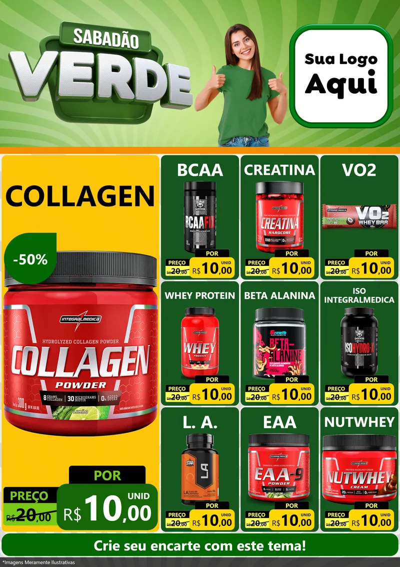 Modelo de Encarte para Encarte A4 Vertical com o tema Sabadão Verde para Suplementos alimentares