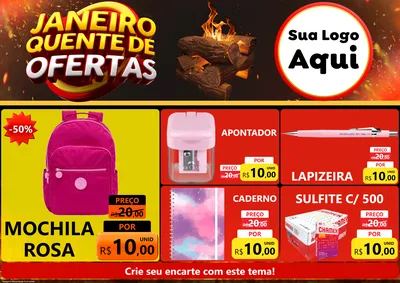 Modelo de Encarte para Encarte A4 Horizontal com o tema Janeiro Quente de Ofertas para Papelaria