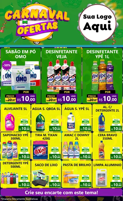 Modelo de Encarte para Encarte Grande com o tema Carnaval de Ofertas para Produtos de Limpeza