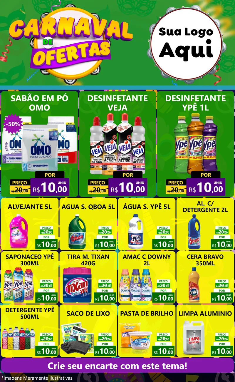 Modelo de Encarte para Encarte Grande com o tema Carnaval de Ofertas para Produtos de Limpeza