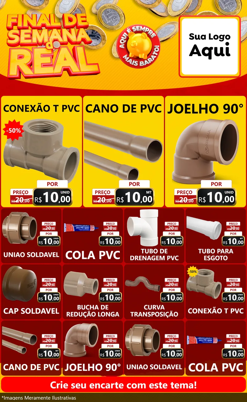 Modelo de Encarte para Encarte Grande com o tema Final de Semana do Real para Tubos e conexões