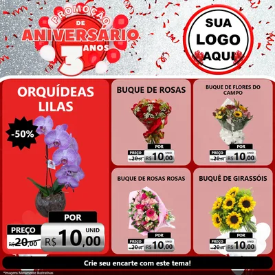 Modelo de Rede Social para Feed Facebook com o tema Promoção de Aniversário - 3 Anos para Floricultura e jardim