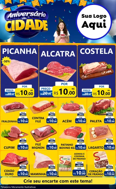 Modelo de Encarte para Encarte Grande com o tema Aniversário da Cidade para Açougue