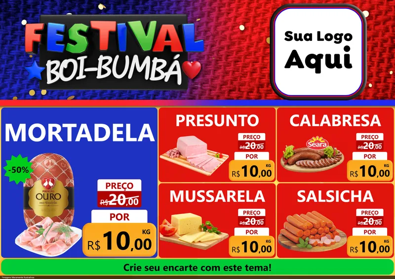 Modelo de Encarte para Encarte A4 Horizontal com o tema Festival Boi-Bumbá para Frios e Laticínios