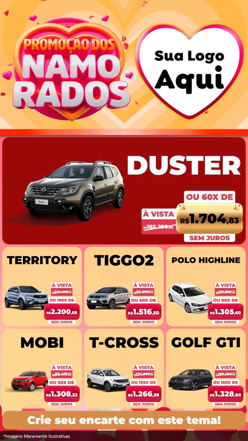 Modelo de Rede Social para Stories com o tema Promoção dos Namorados para Concessionaria de Carros