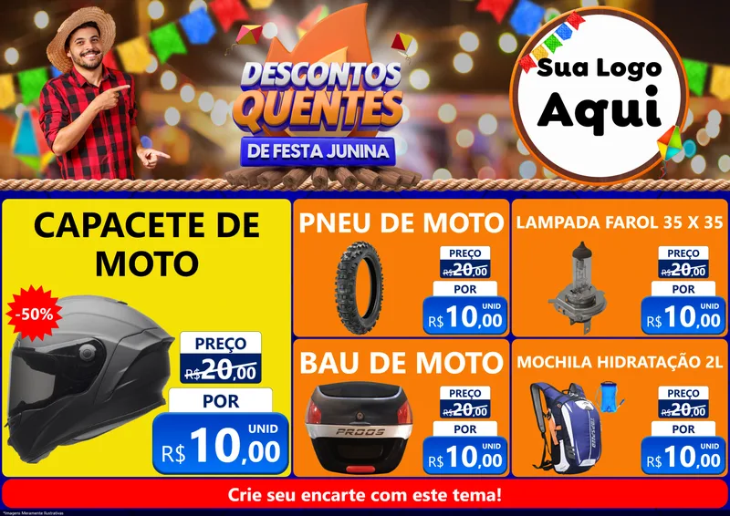 Modelo de Encarte para Encarte A4 Horizontal com o tema Descontos Quentes de Festa Junina para Moto peças
