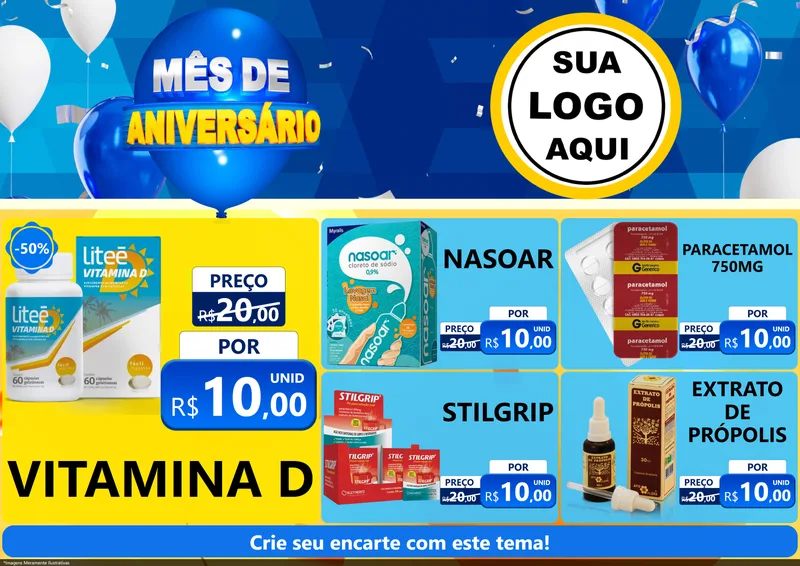 Modelo de Encarte para Encarte A4 Horizontal com o tema Mês de Aniversário para Farmácia