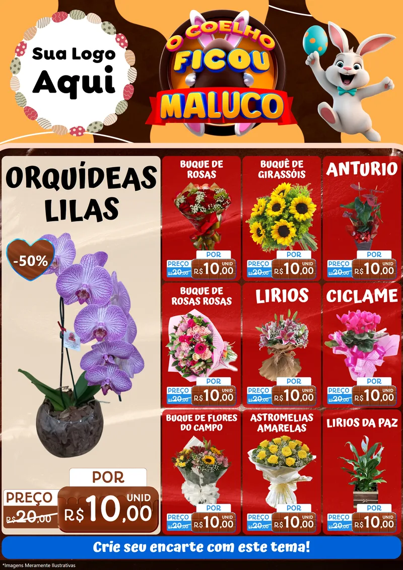 Modelo de Encarte para Encarte A4 Vertical com o tema O Coelho Ficou Maluco - Páscoa para Floricultura e jardim