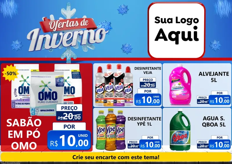 Modelo de Encarte para Encarte A4 Horizontal com o tema Ofertas de Inverno para Produtos de Limpeza