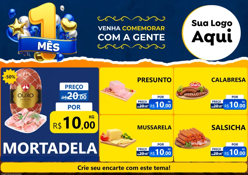 Modelo de Encarte para Encarte A4 Horizontal com o tema Um Mês de Aniversário para Frios e Laticínios